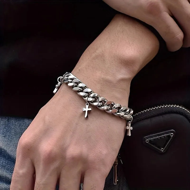 Men's geometric cross bracelet in titanium steel with a cold wind style design.