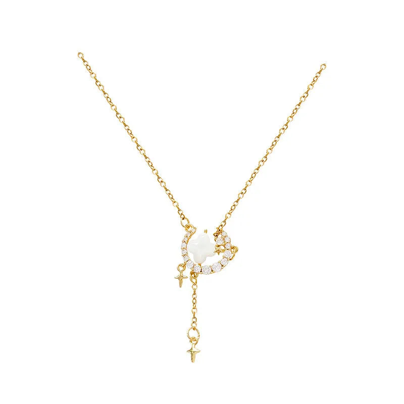 Gold star moon zirconium necklace on display with alloy pendant and adjustable chain