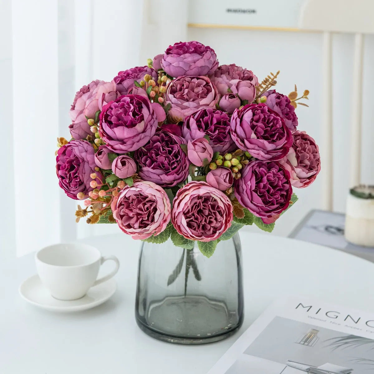 Silk artificial peony flower bouquet in champagne, pink, purple, sand red, or white for decoration.