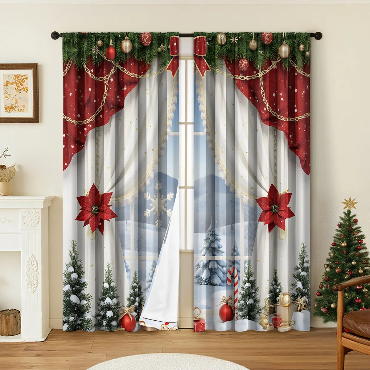 Pair of 3D digitally printed Christmas style curtains with European patterns on polyester fabric