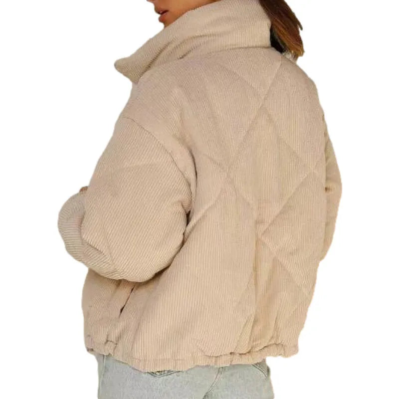 Apricot corduroy womens jacket with stand collar and full-length zipper in street fashion style