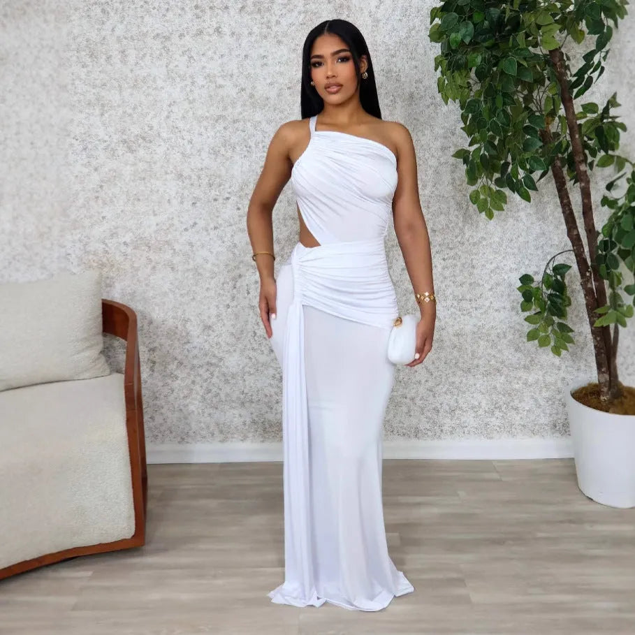 Women's solid colour long one-shoulder pleated dress in milk silk fabric, shown on a model.