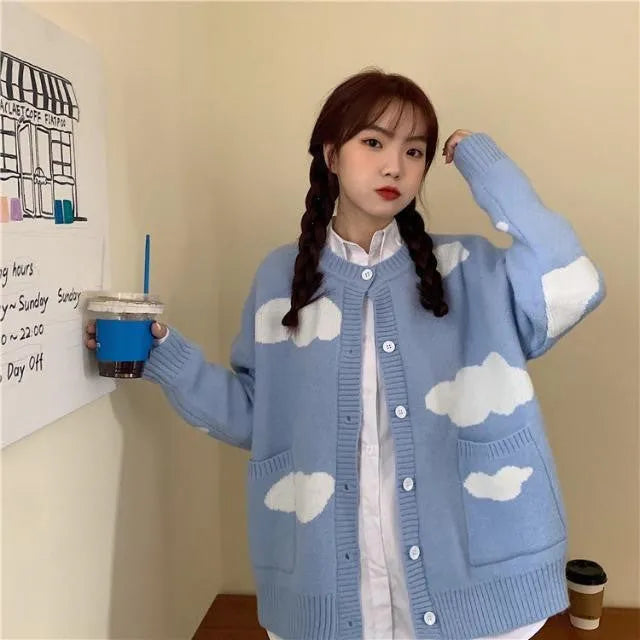 Blue cloud pattern women's spandex cardigan sweater with loose fit and long sleeves