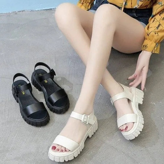Women's peep toe platform sandals in beige with ankle-strap buckle and PU upper