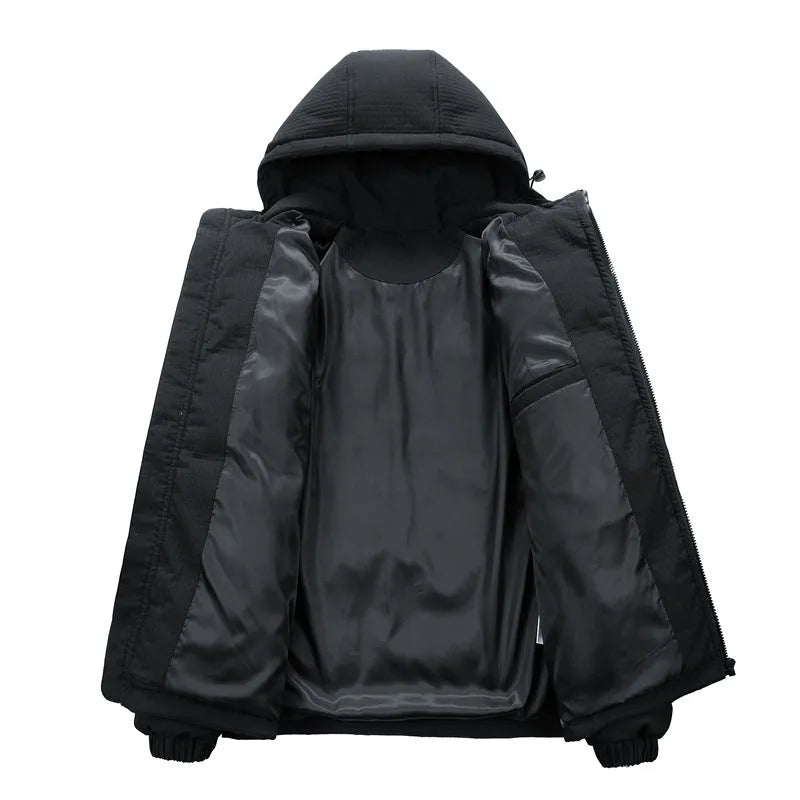 Men's black hooded padded winter coat with letter print and side pockets, shown in a Korean style cardigan fit.