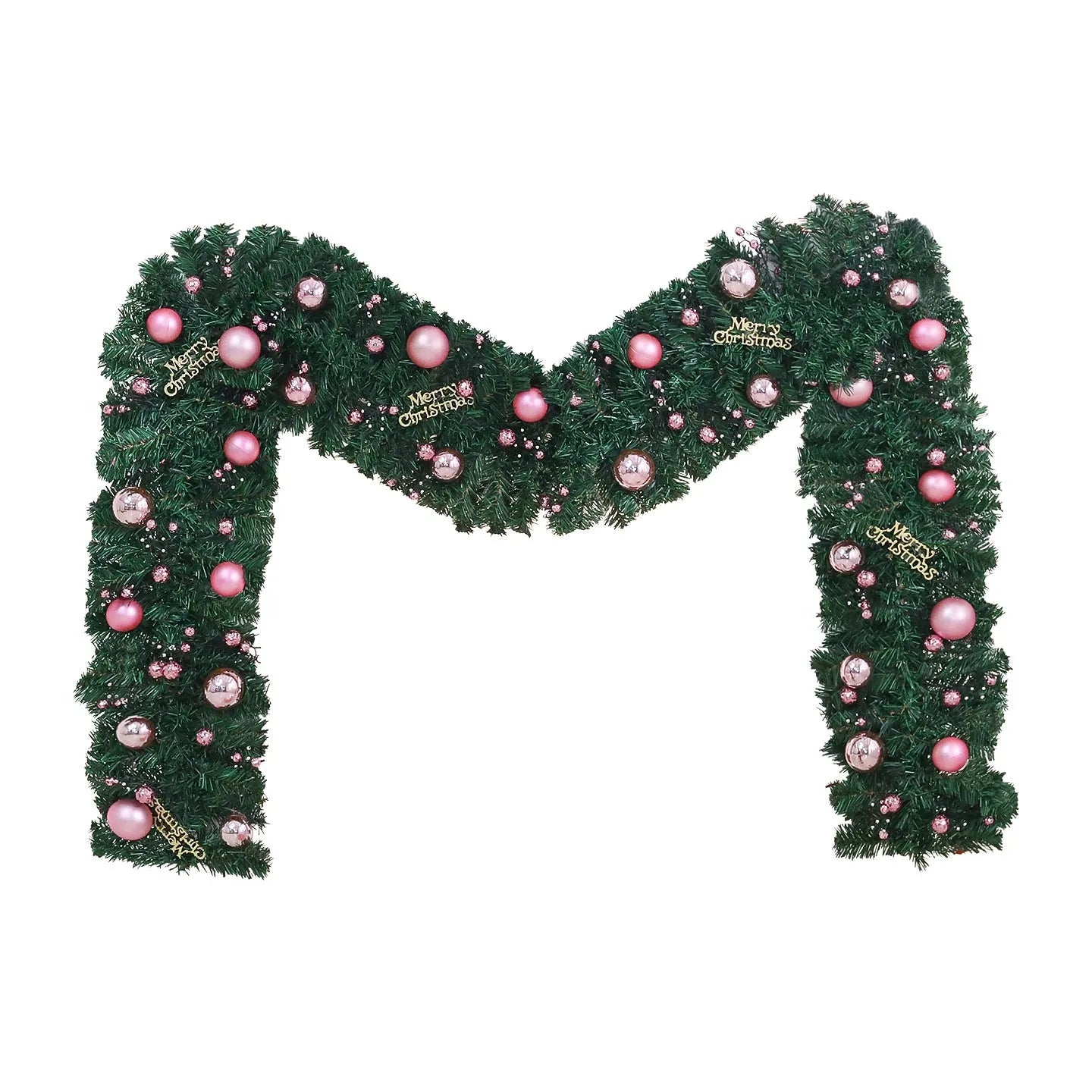 A long, pink artificial rattan Christmas garland with small fruits and leaves, shown draped decoratively.