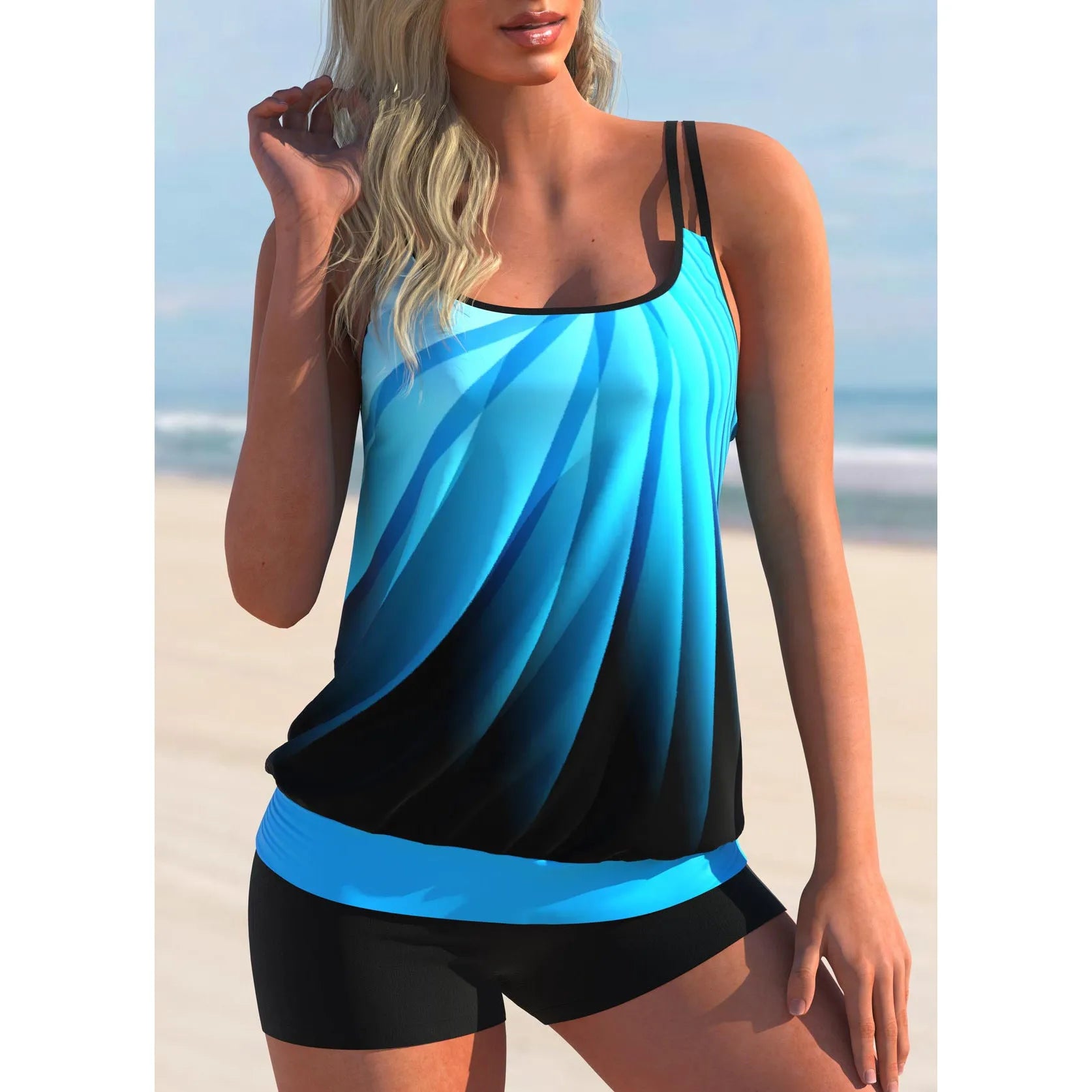 Plus size women's swimsuit set with strappy top and beach shorts in butterfly pattern design