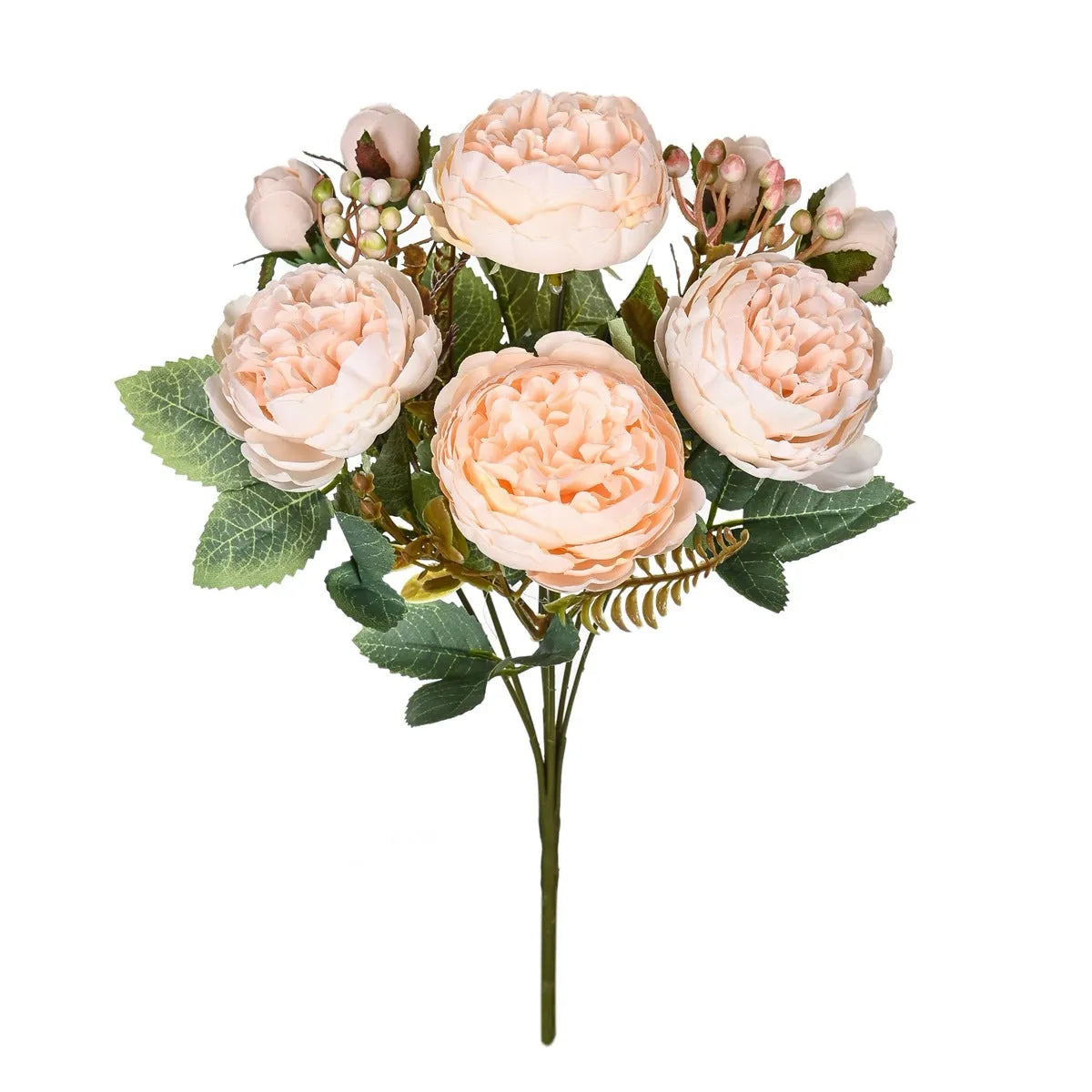 Silk artificial peony flower bouquet in champagne, pink, purple, sand red, or white for decoration.