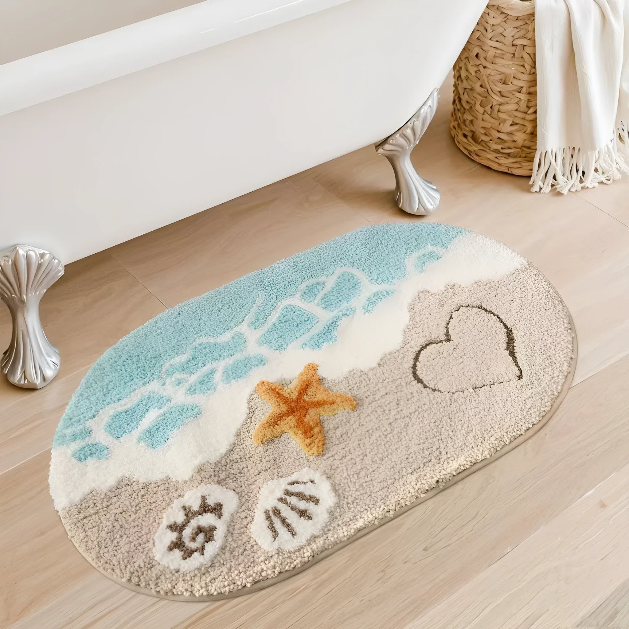 Square rainbow pattern carpet with plastic bottom layer in sky and sea colours