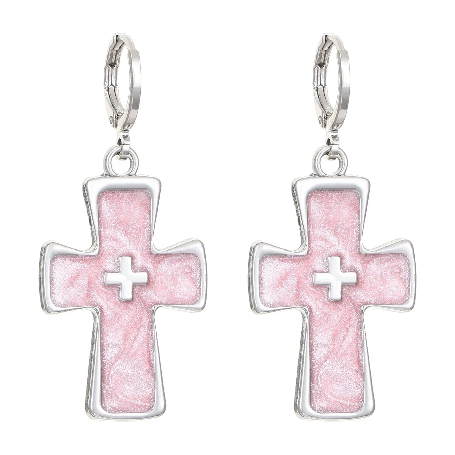 Women's alloy earrings showing cross, heart, and animal designs in white, black, and silver colour variations