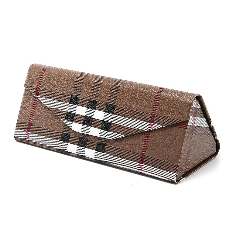 Folding glasses case in black PU cowhide with handmade stitching and triangle shape lying open