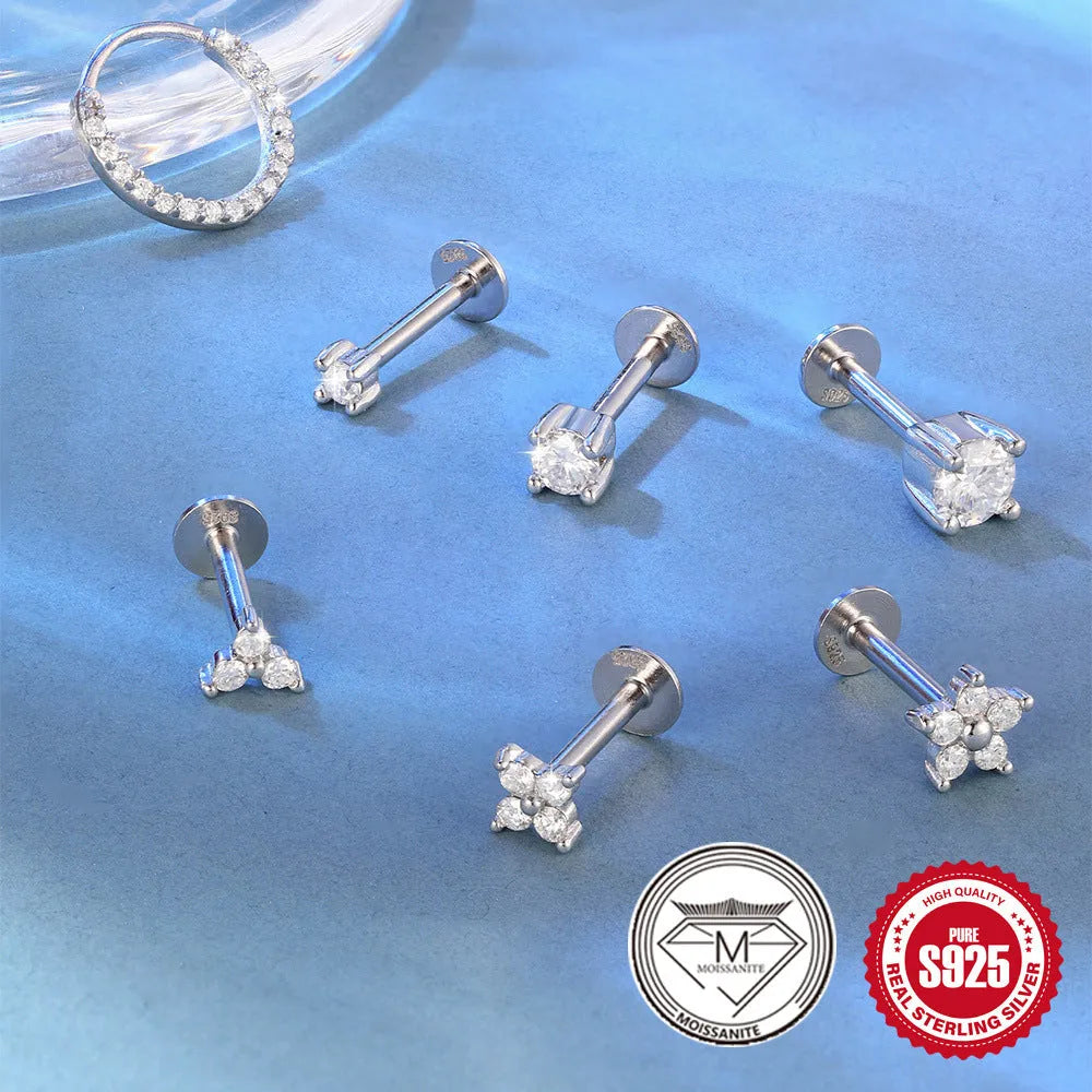 S925 sterling silver petal diamond geometric stud earrings in platinum colour with ear clip fastening