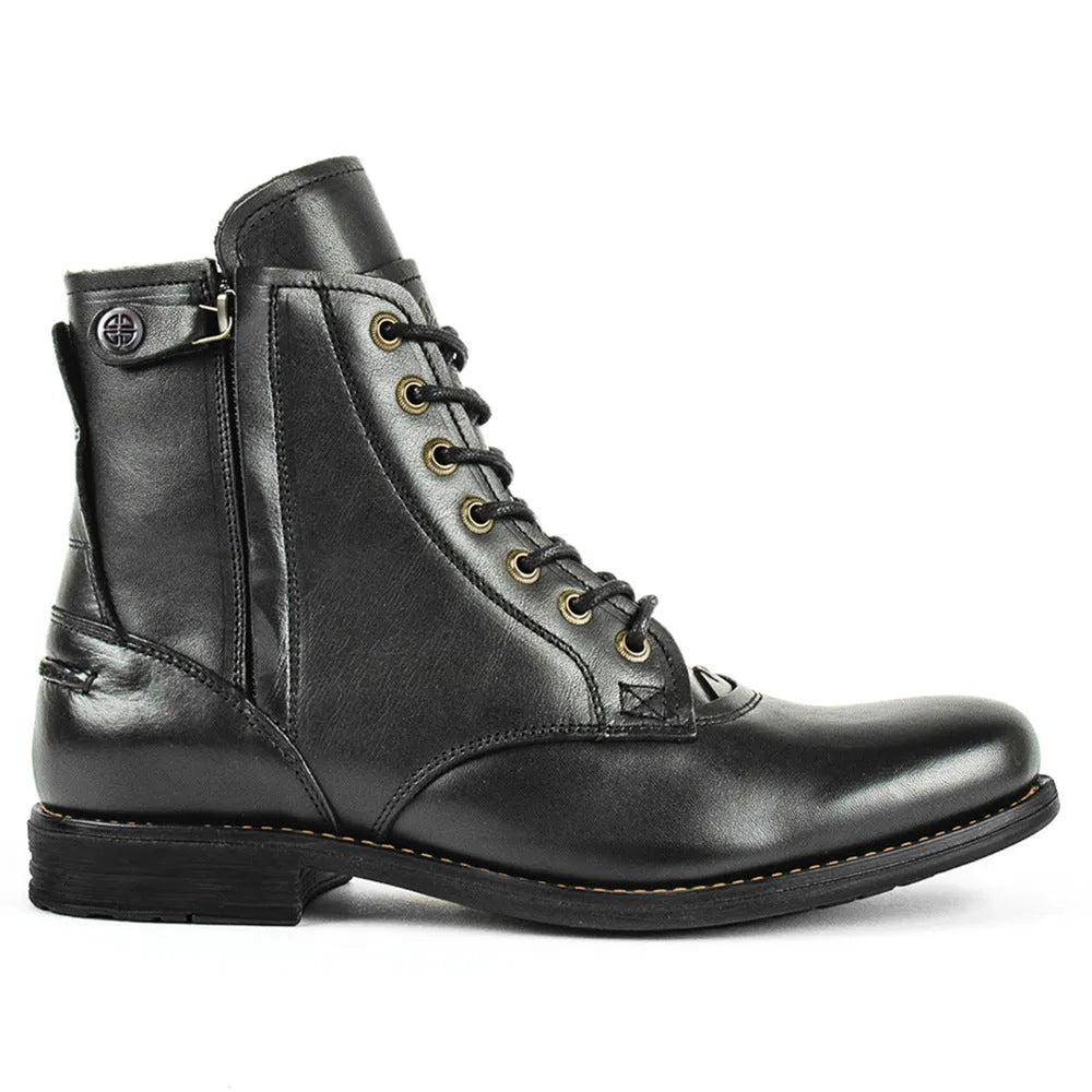 Black and brown two-tone men's leather boots with a side zipper, shown on a white background.
