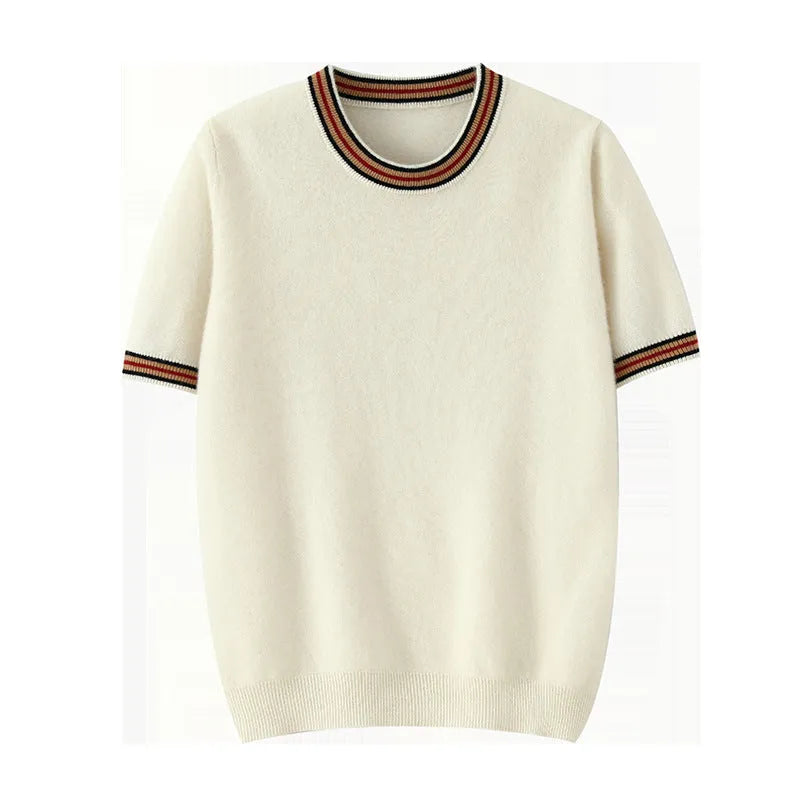 Men's pure wool short sleeve sweater with round neck in grey showing standard knit texture