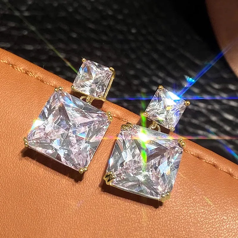 Geometric square design copper earrings with quadrilateral ornament details in white gold or gold colour