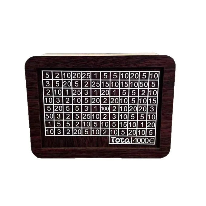 Digital coin bank with nostalgic retro wood design, modern simplicity style, digital counter