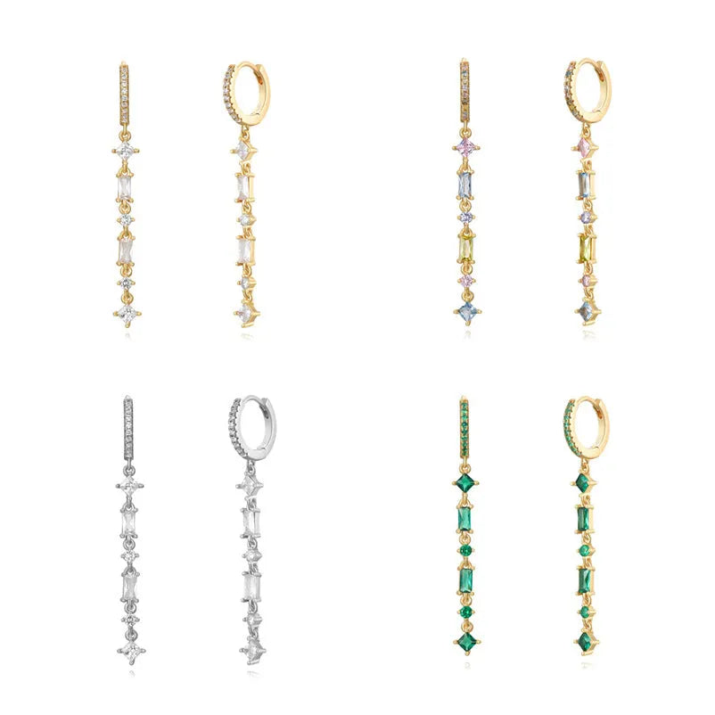Sterling silver geometric ear clips with colourful zircon stones and tassel design on U-shaped frame