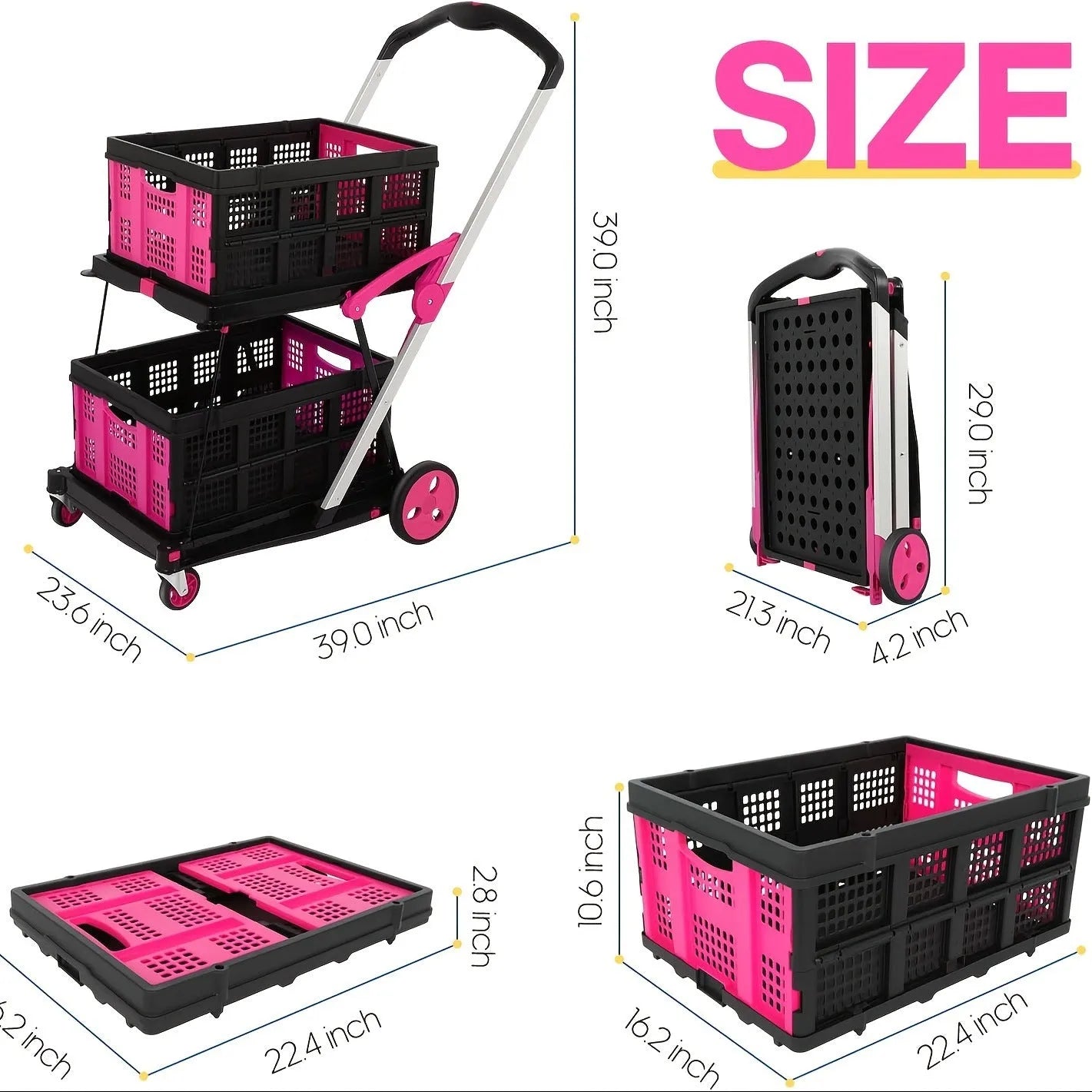 Foldable plastic shopping cart with double-layer basket in blue colour option