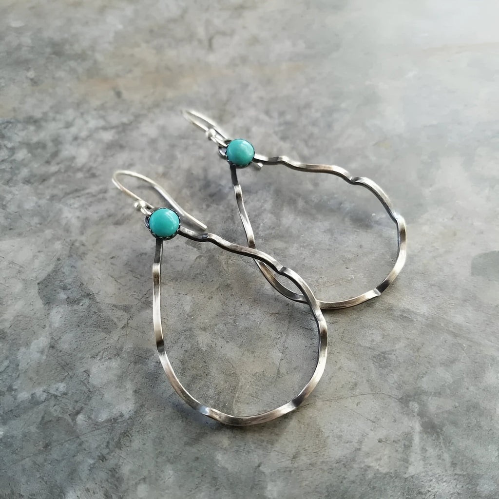 Geometric circle earrings with antique silver finish and turquoise tone, bohemian vintage style