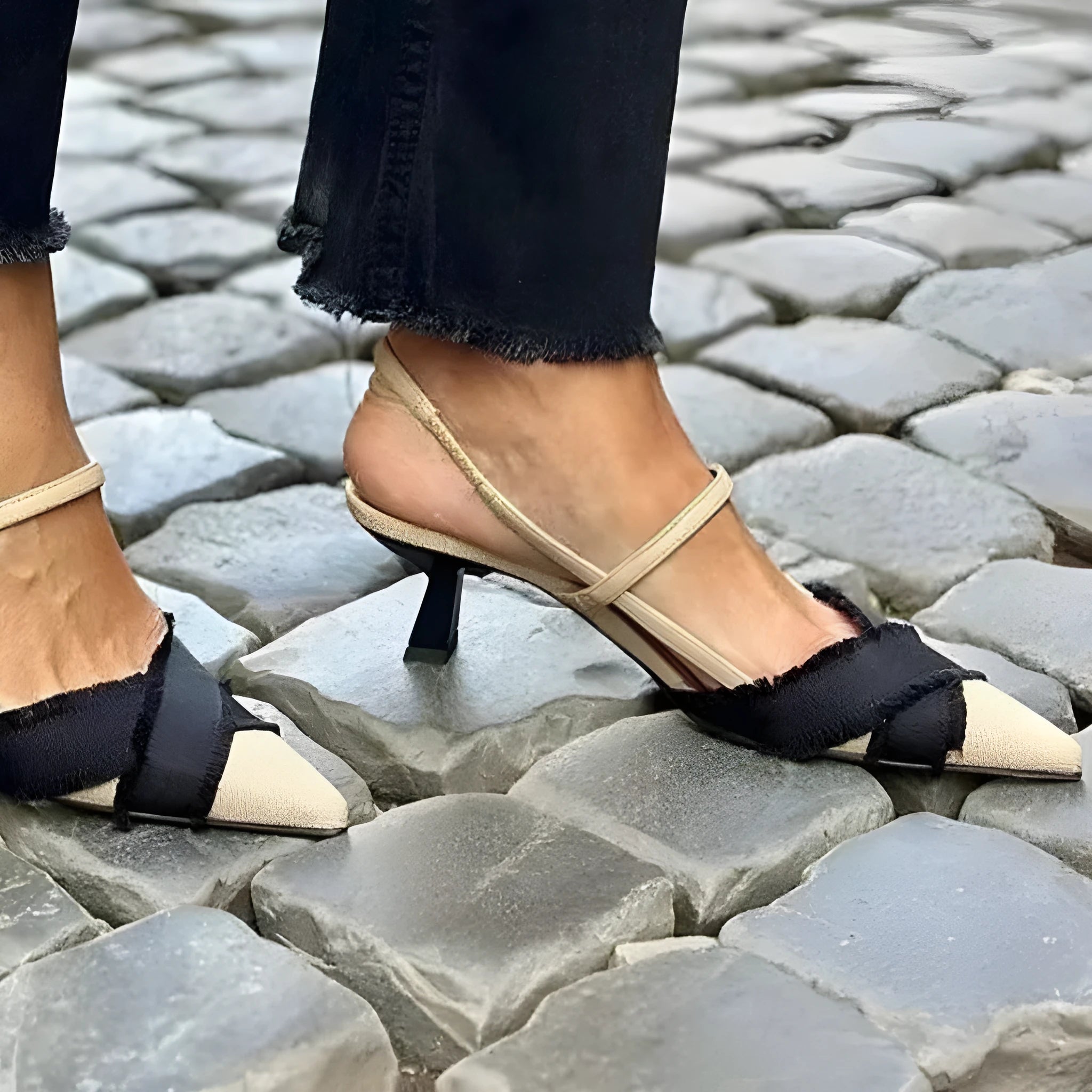 Women's apricot and black colour block stiletto sandals with pointed toe and buckle fastening