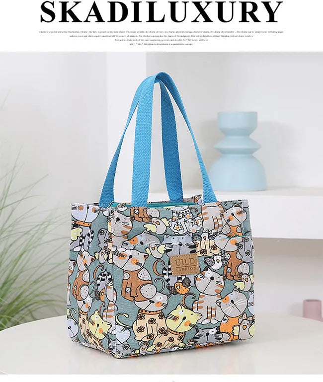 Women's square canvas handbag with aluminium frame in floral, cat and letter printed designs