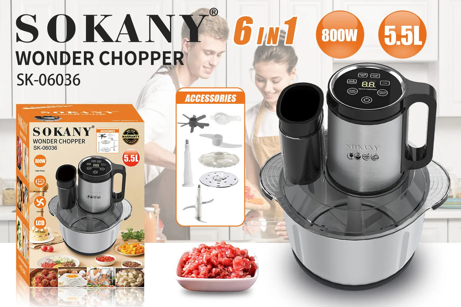 Stainless steel meat grinder machine with 06036 colour and food processing attachments