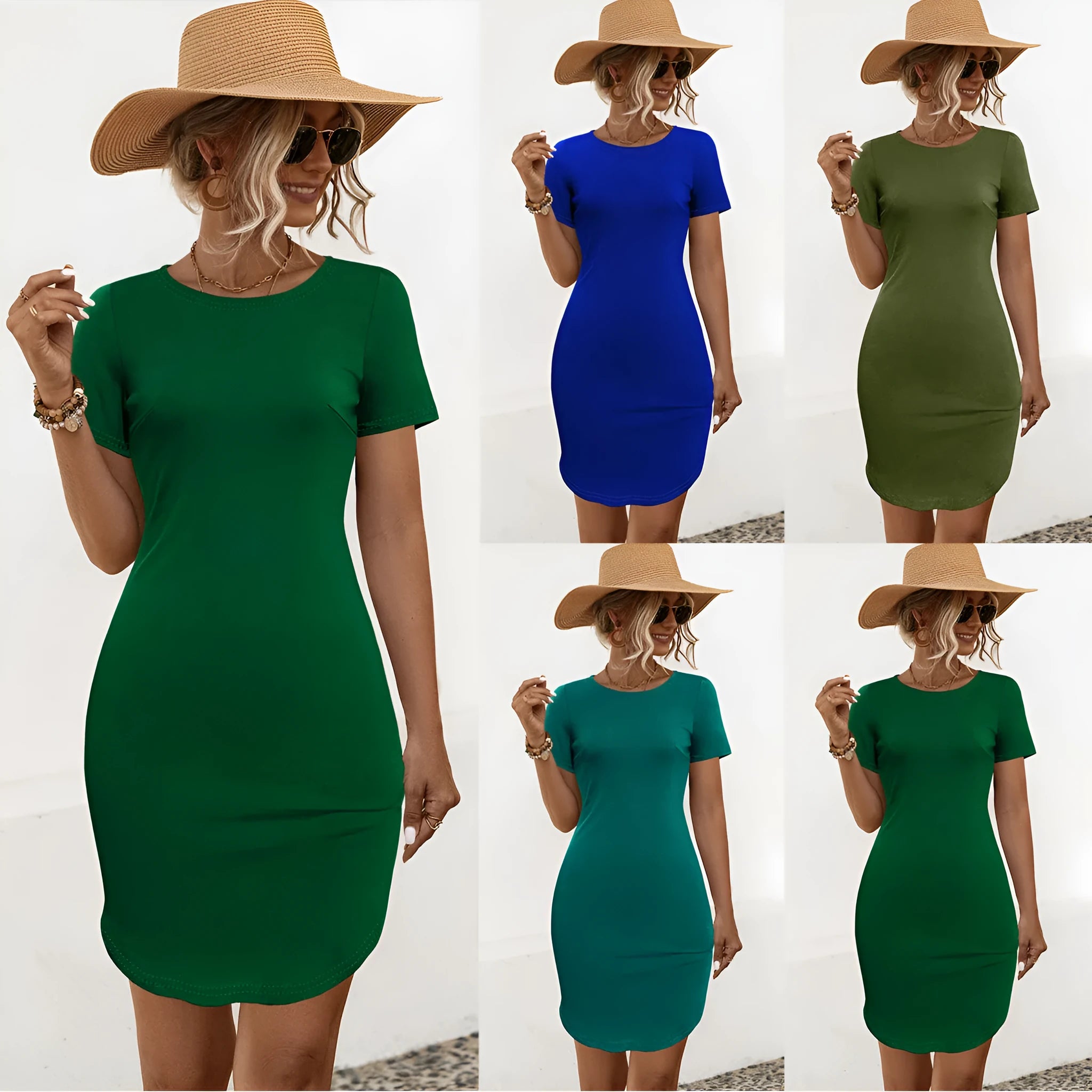 Women's solid colour short sleeve dress with U-shaped split detail in cotton blend fabric