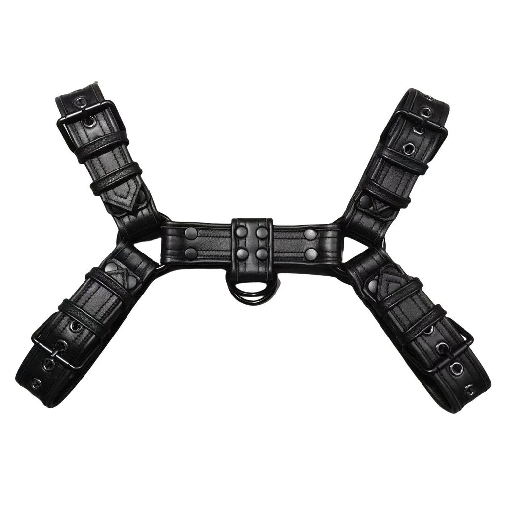Black leather chest harness with adjustable shoulder straps and metal buckle fastenings