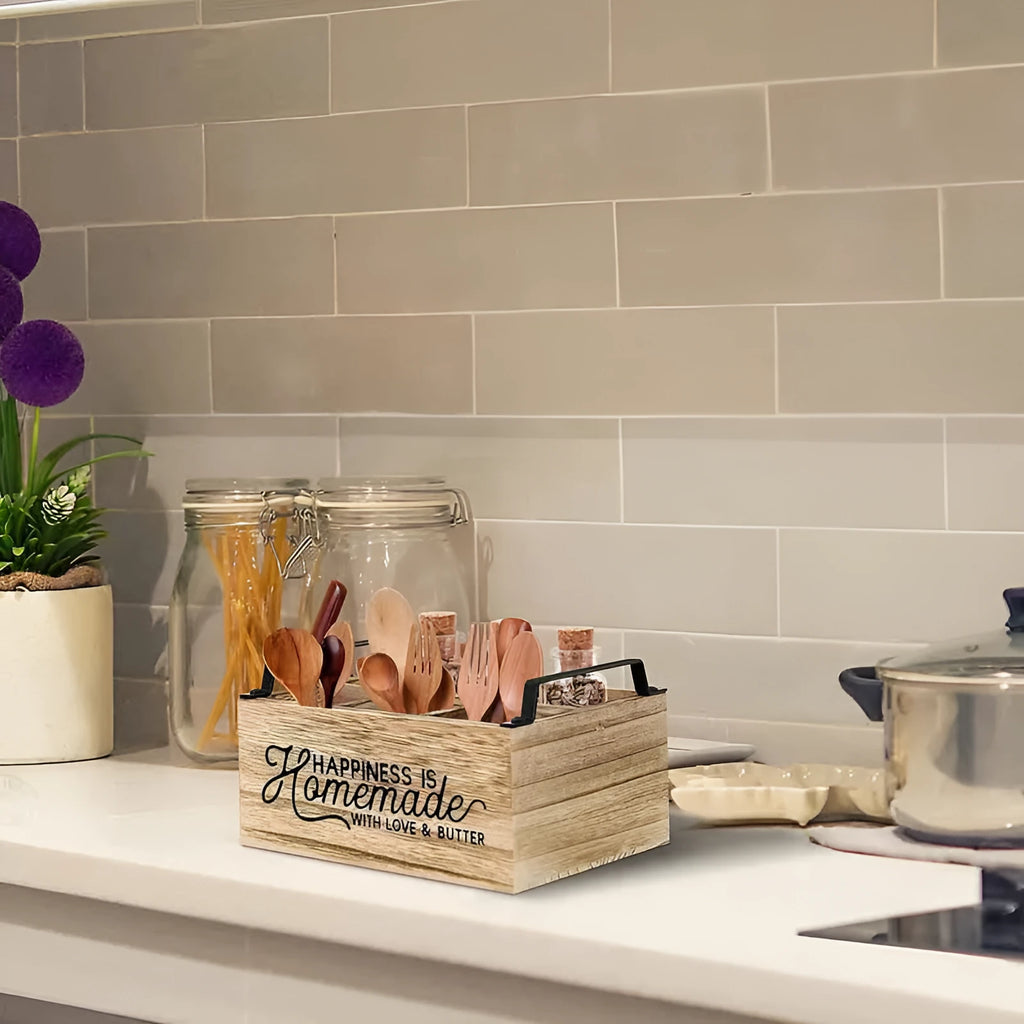 Large wooden kitchen storage box with internal grid divider for organising tableware.