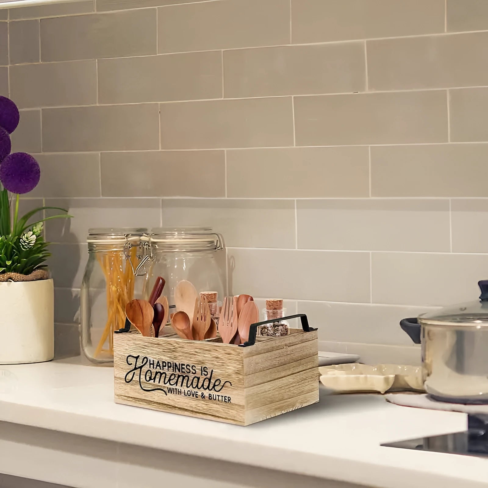 Large wooden kitchen storage box with internal grid divider for organising tableware.