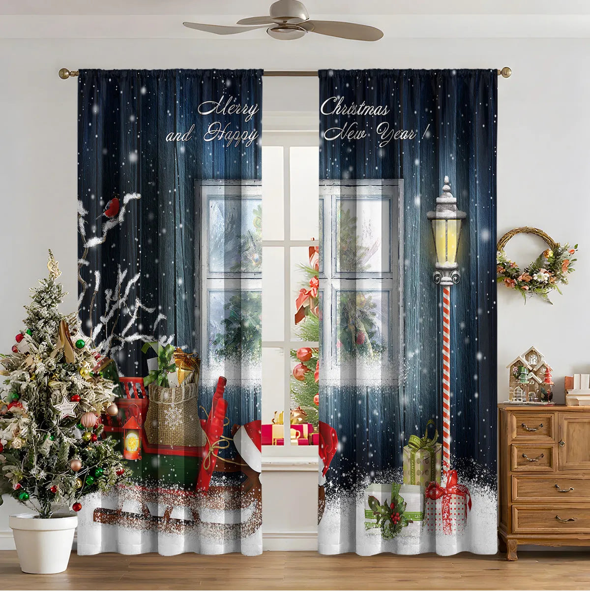Pair of 3D digitally printed Christmas curtains in a modern European style pattern, hanging at a window.