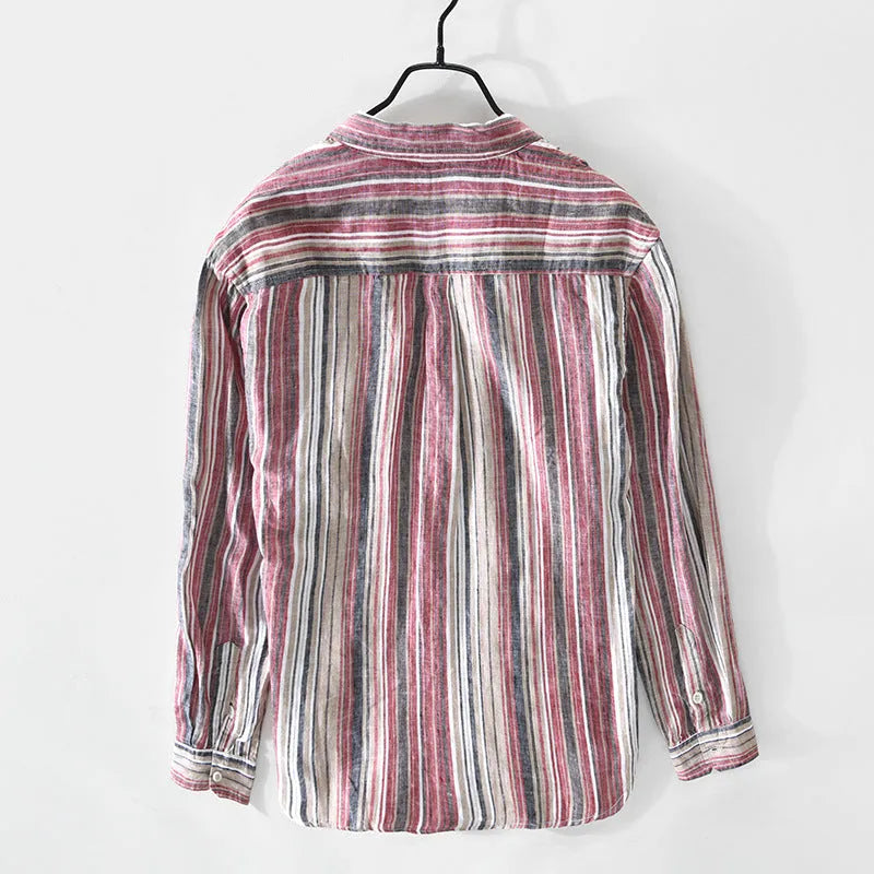 Men's striped linen casual shirt with long sleeves in loose fit for spring summer wear