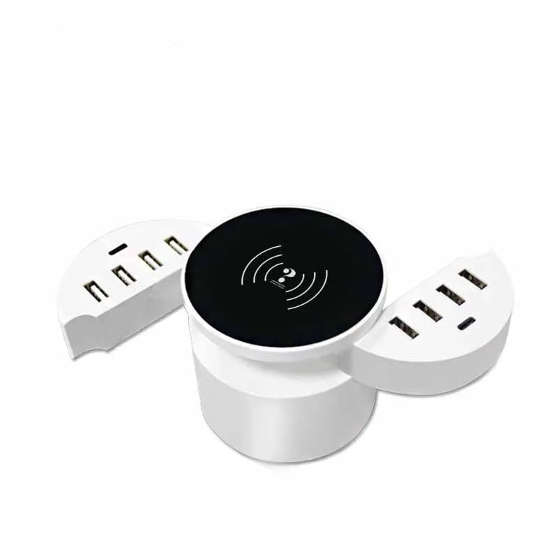 Smart phone multi-port wireless circular charger in ceramic white with LED indicator and USB interface