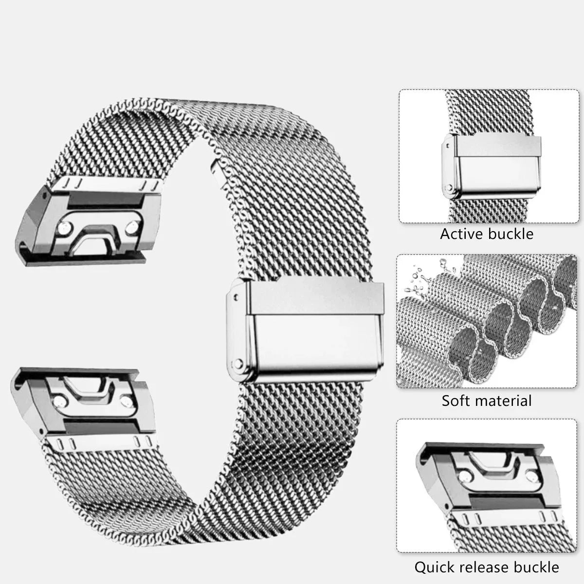 Garmin Fenix stainless steel card strap in silver, black, gold and rose gold colours for 20mm 22mm 26mm watch widths
