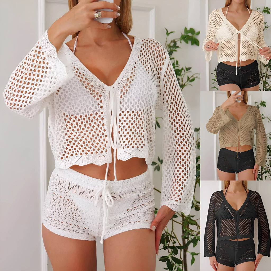 Women's apricot hollow woven cardigan blouse with bell sleeves and short length