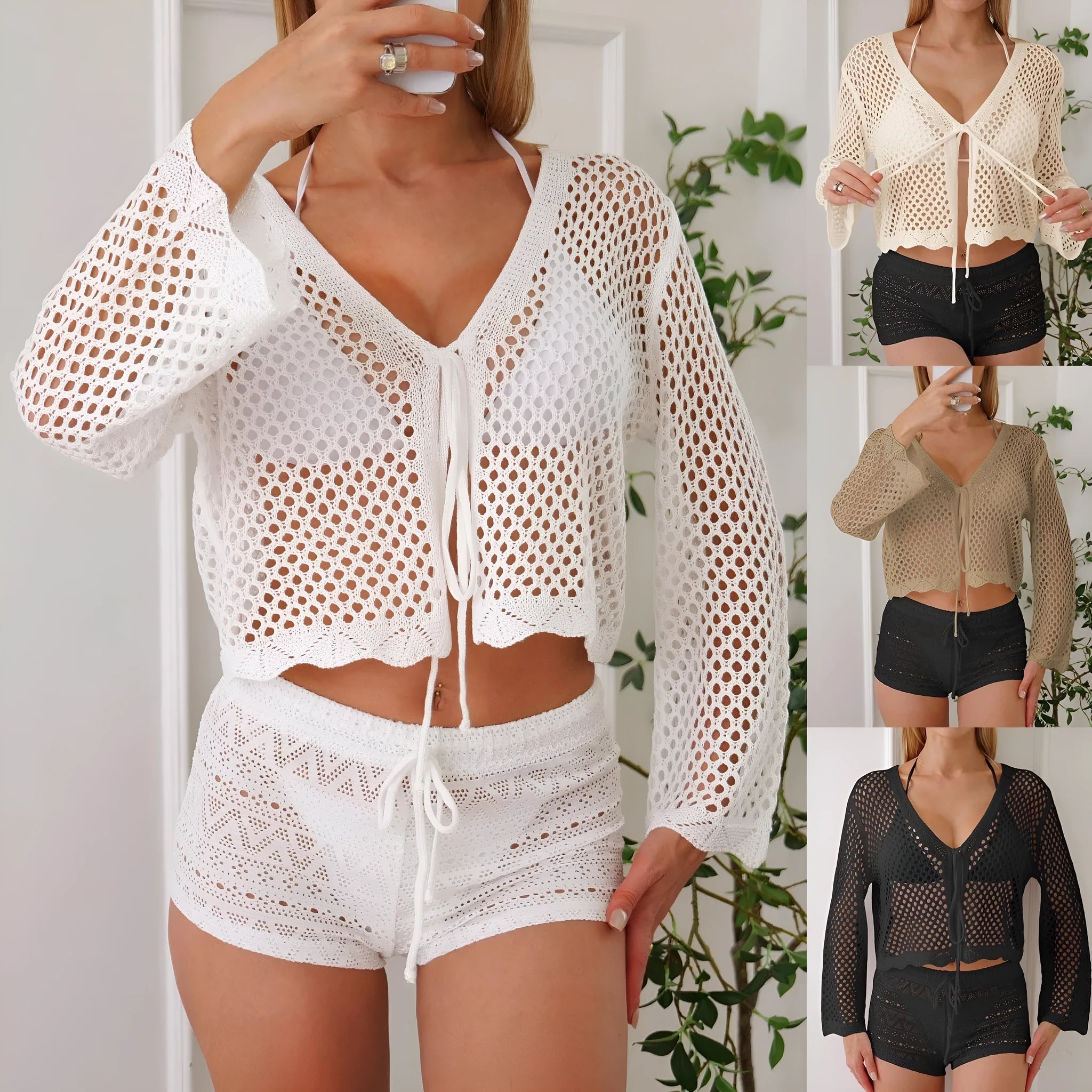 Women's apricot hollow woven cardigan blouse with bell sleeves and short length