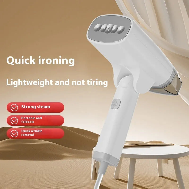 Blue handheld garment steamer with water tank and mechanical controls for ironing clothes