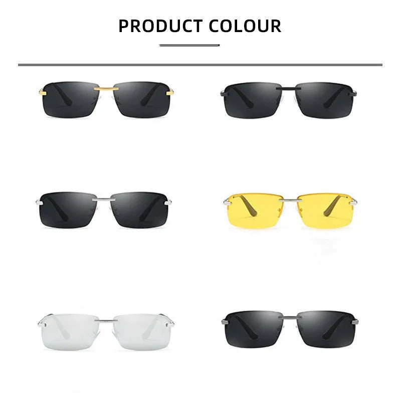 Frameless polarized sunglasses for men, silver night vision film, metal frame, PC lenses