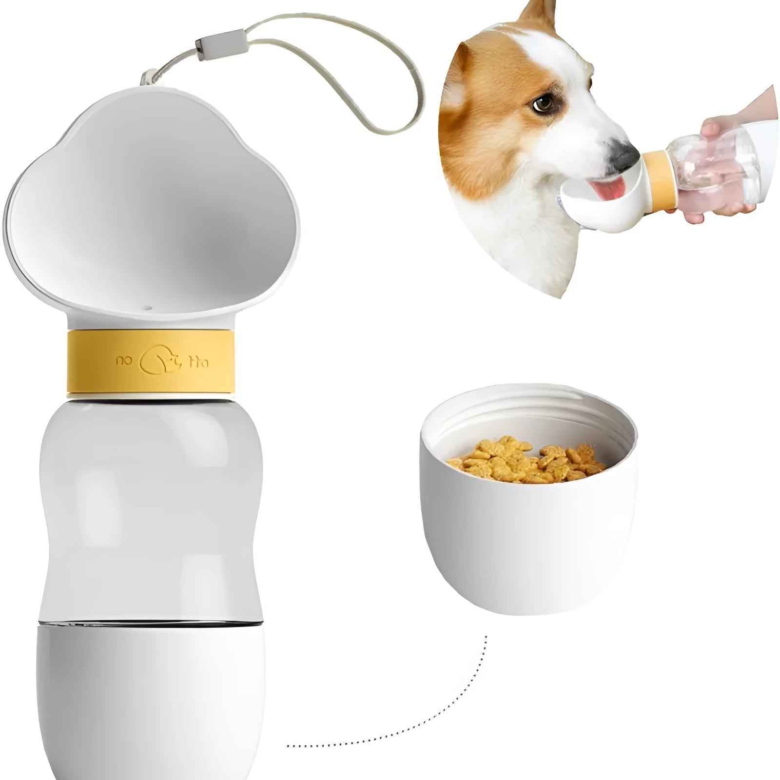 Portable dog water bottle with plastic body, rotary switch, and attached belt, showing water dispenser and bottom food container
