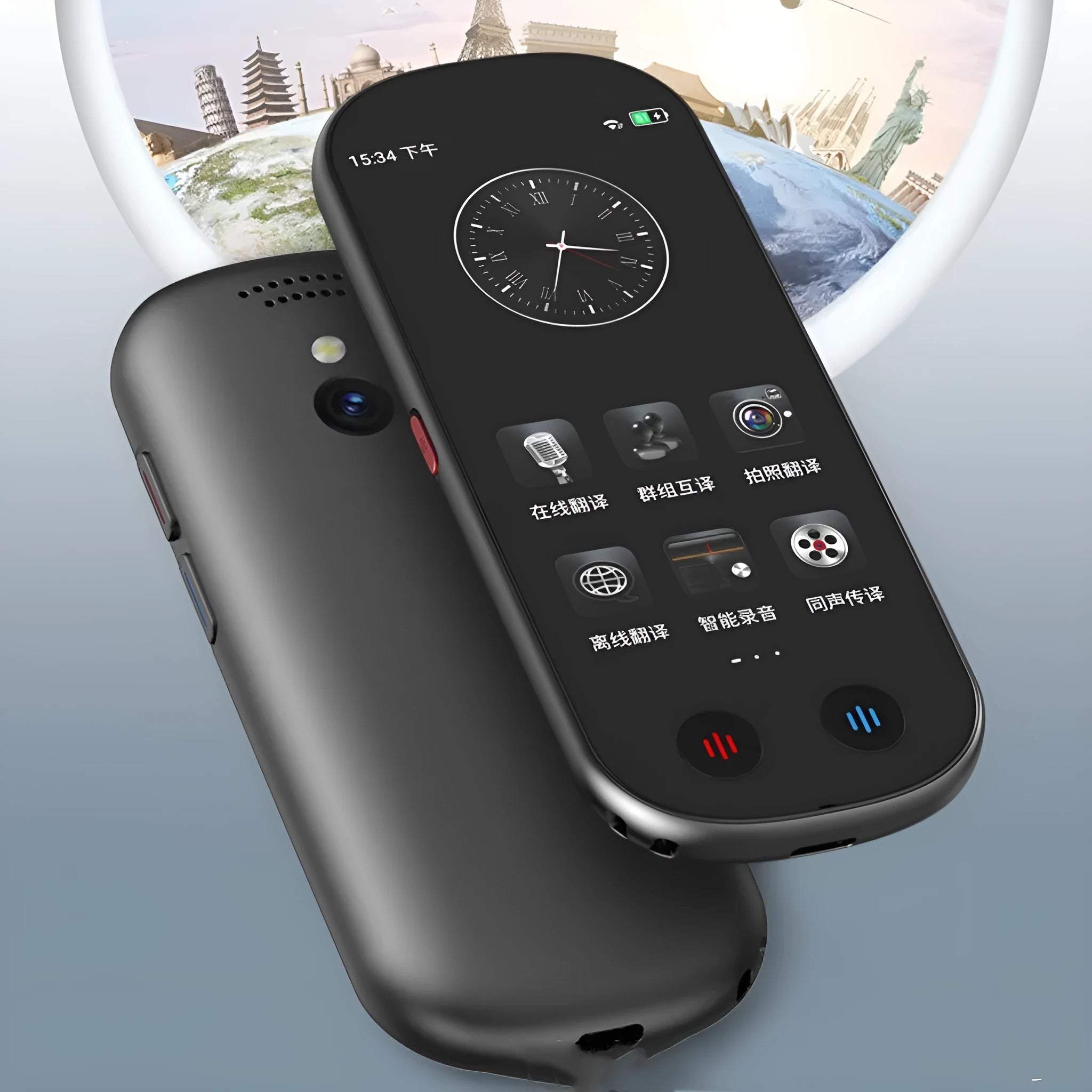 Black handheld simultaneous interpretation translator with attached lanyard on a table.