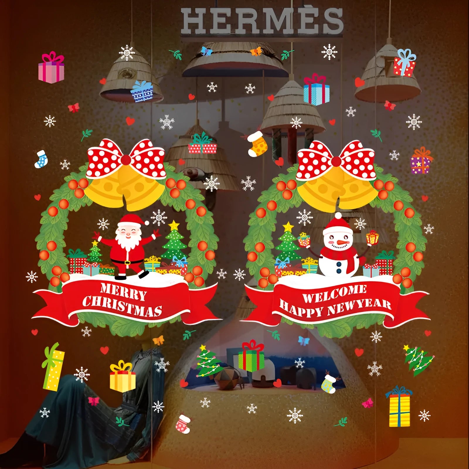 Non-adhesive electrostatic Christmas wall sticker with cartoon anime design measuring 60x45cm