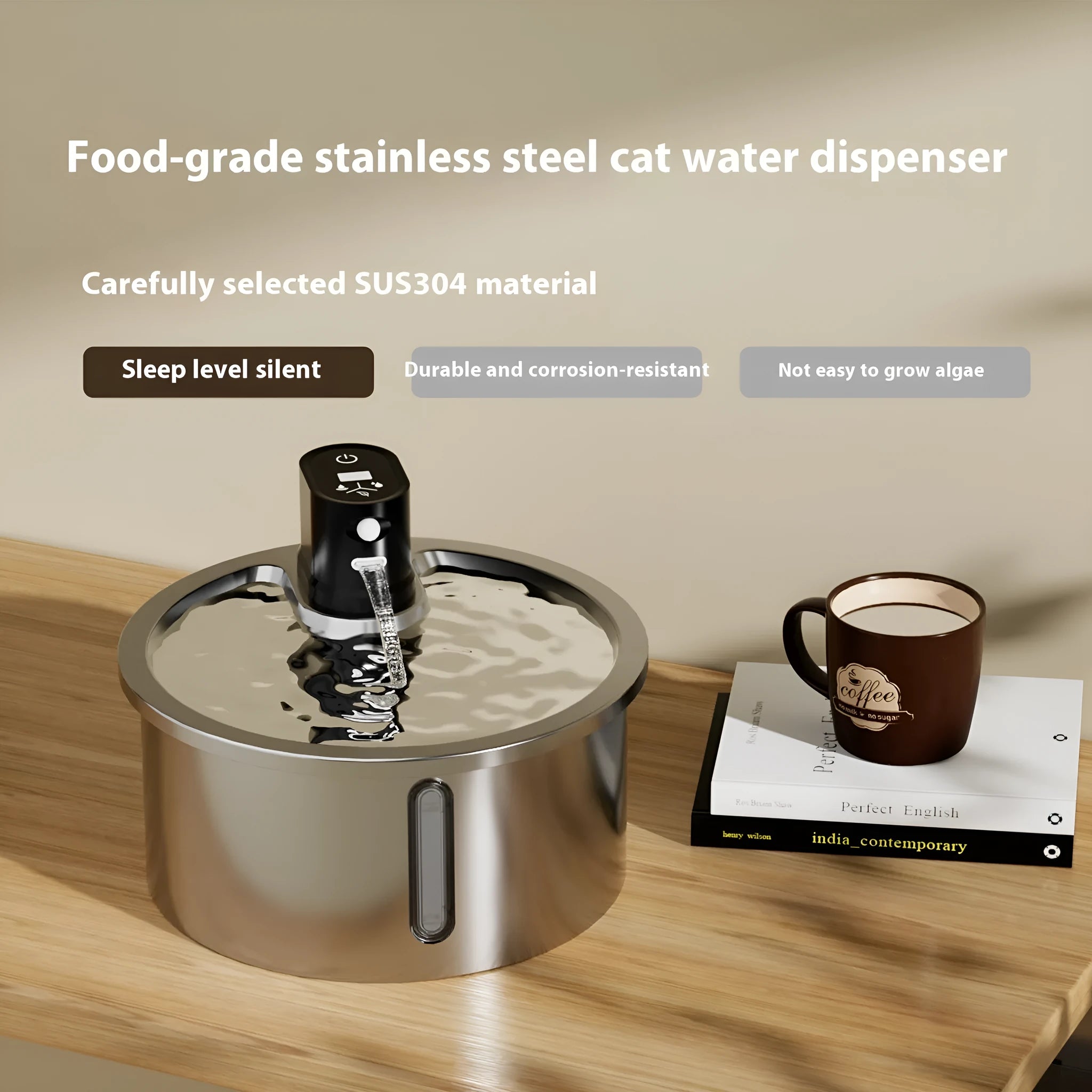 Stainless steel pet water fountain with constant temperature heating base for dogs and cats.