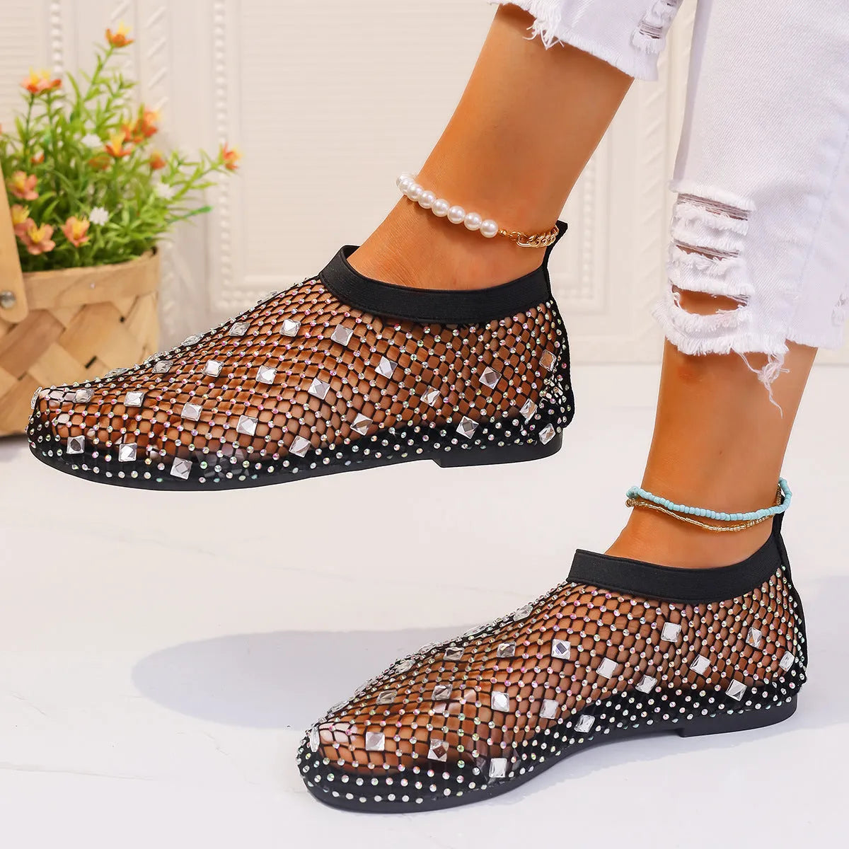 Women's flat mesh sandals with colourful rhinestone decoration on heel strap