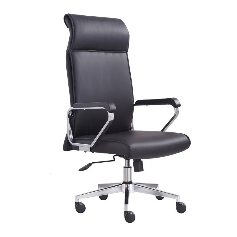 Black leather office chair with metal frame, armrests, and swivel base on a wooden floor