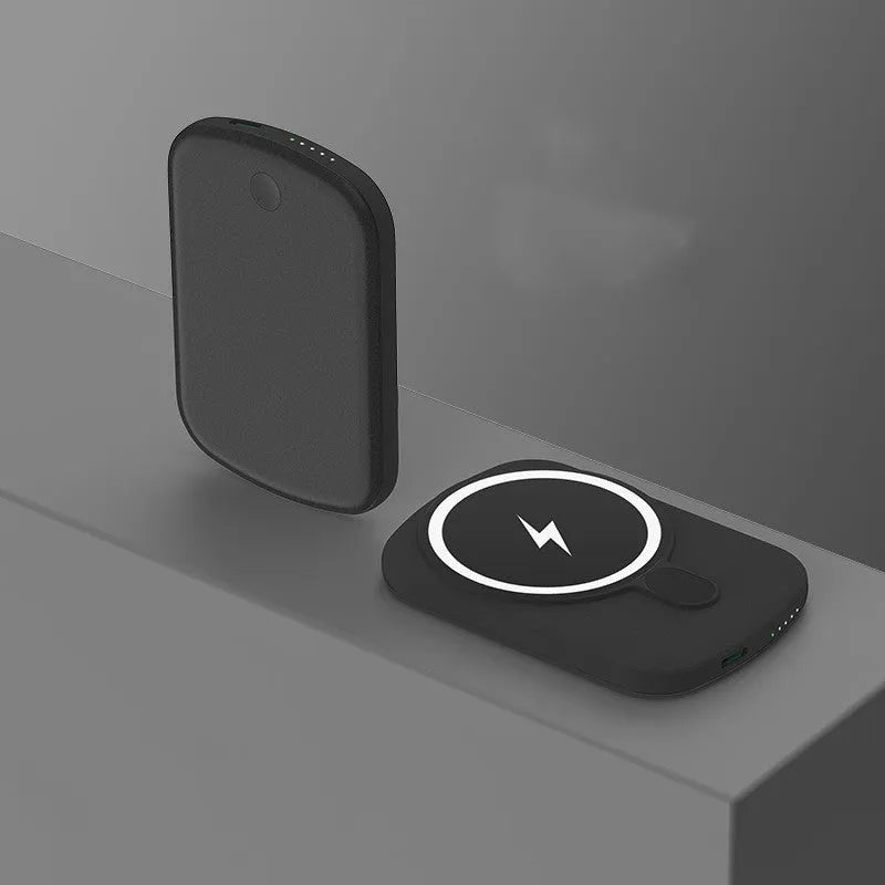 Magsafe magnetic wireless power bank in black, pink, white, or purple with creative plastic design.