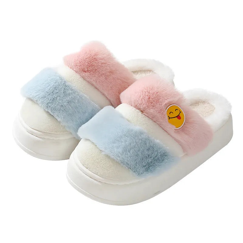 Pink and green cartoon plush winter slippers with cashmere lining and a thickened sole.