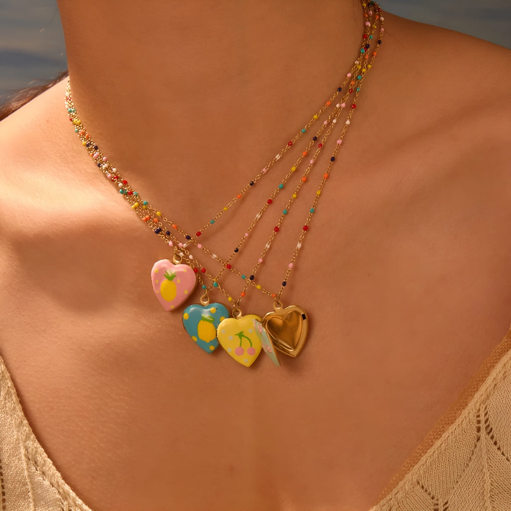 Women's gold plated stainless steel heart necklace with fruit pendant designs