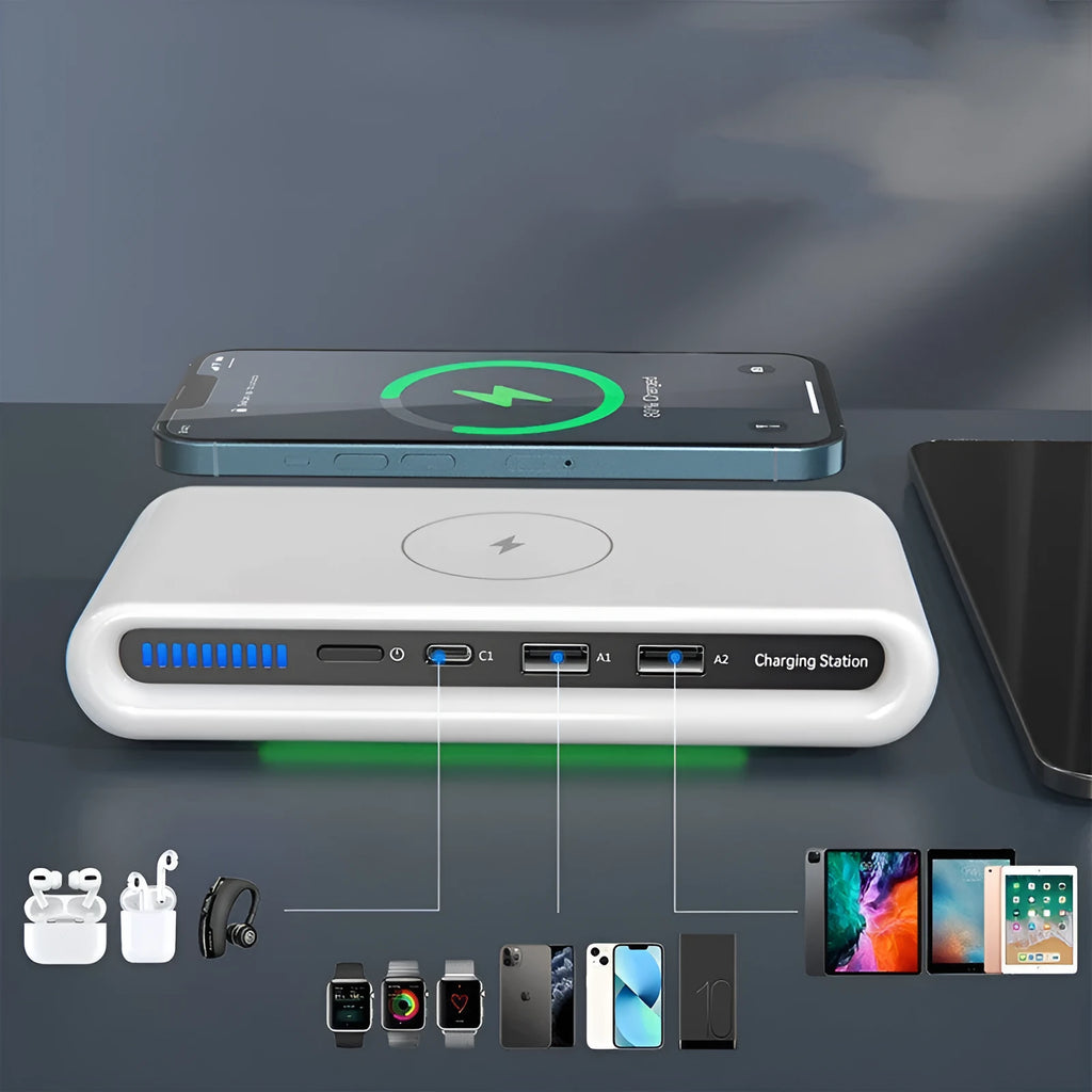Desktop wireless charger 15W with 8 colour atmosphere lamp in white, LED indicator, measuring 175x83x32 mm