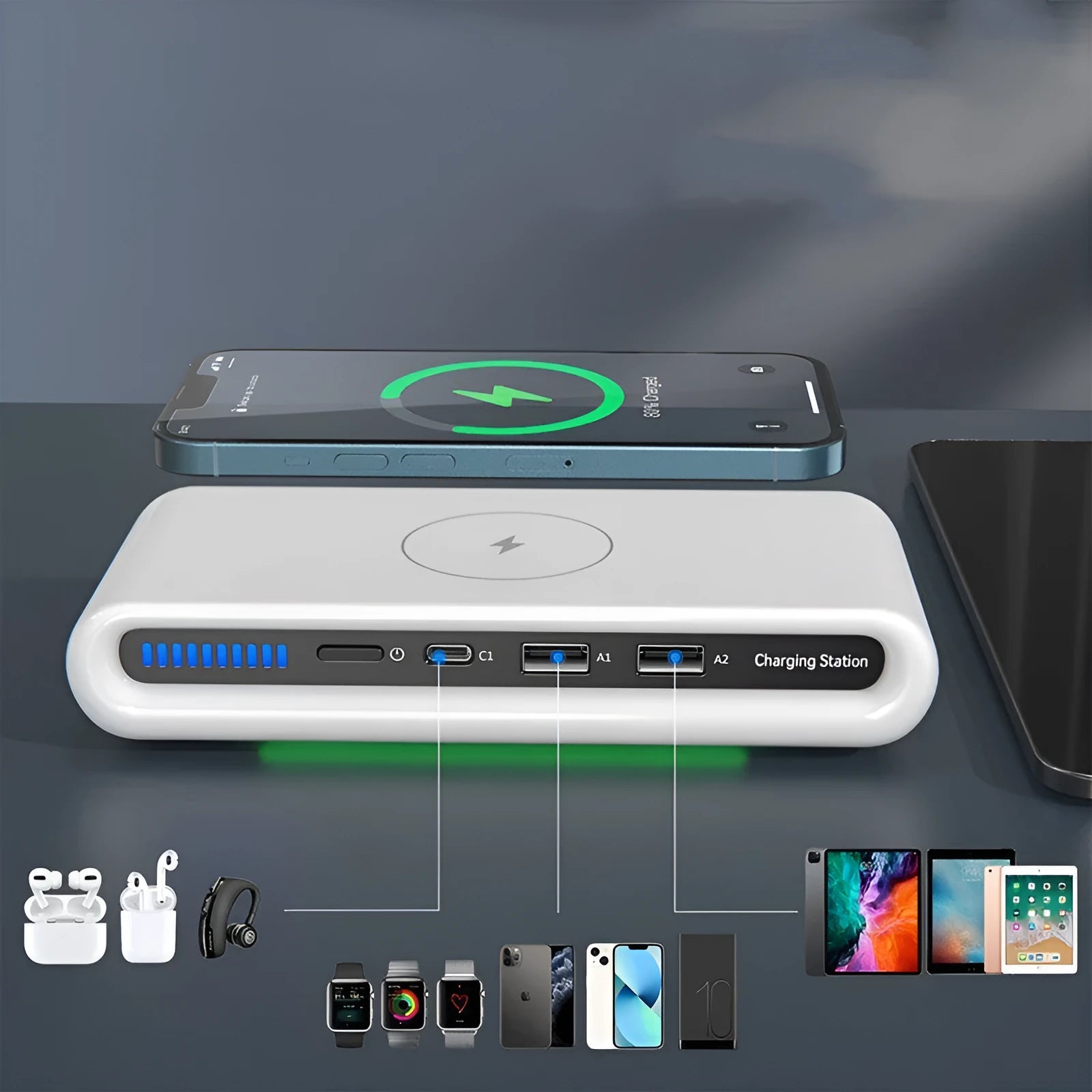 Desktop wireless charger 15W with 8 colour atmosphere lamp in white, LED indicator, measuring 175x83x32 mm