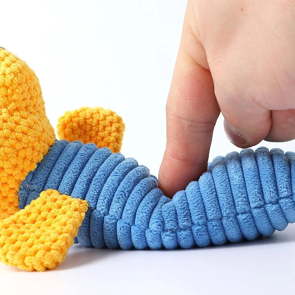 Dog squeaky plush chew toy in animal shape with massaging texture for dental care, 19cm length